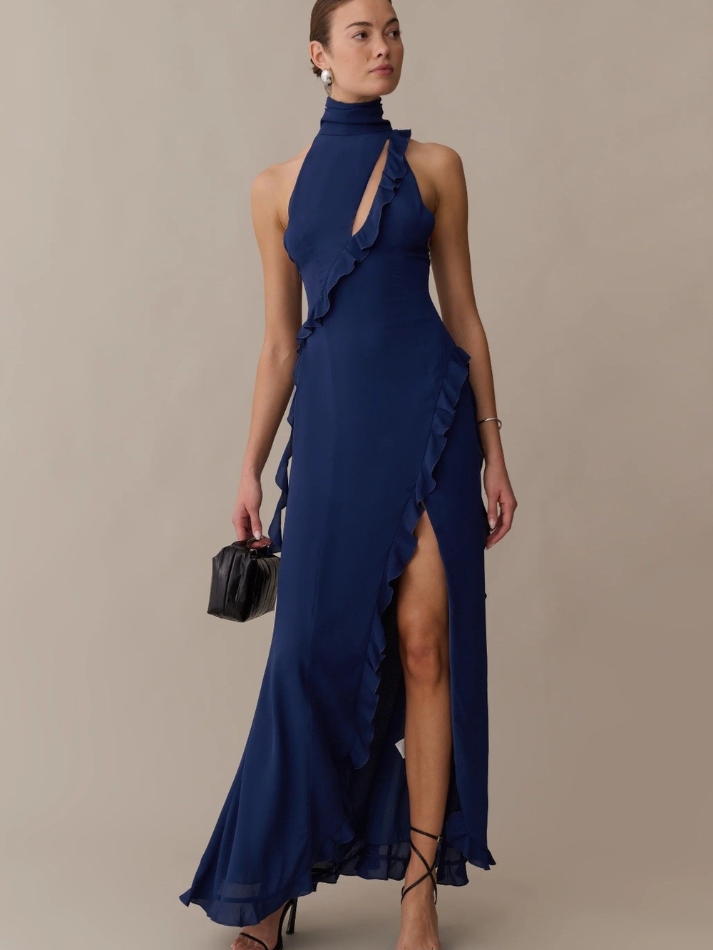 Few Moda Kourt High-Neck Ruffle Maxi Dress in Navy